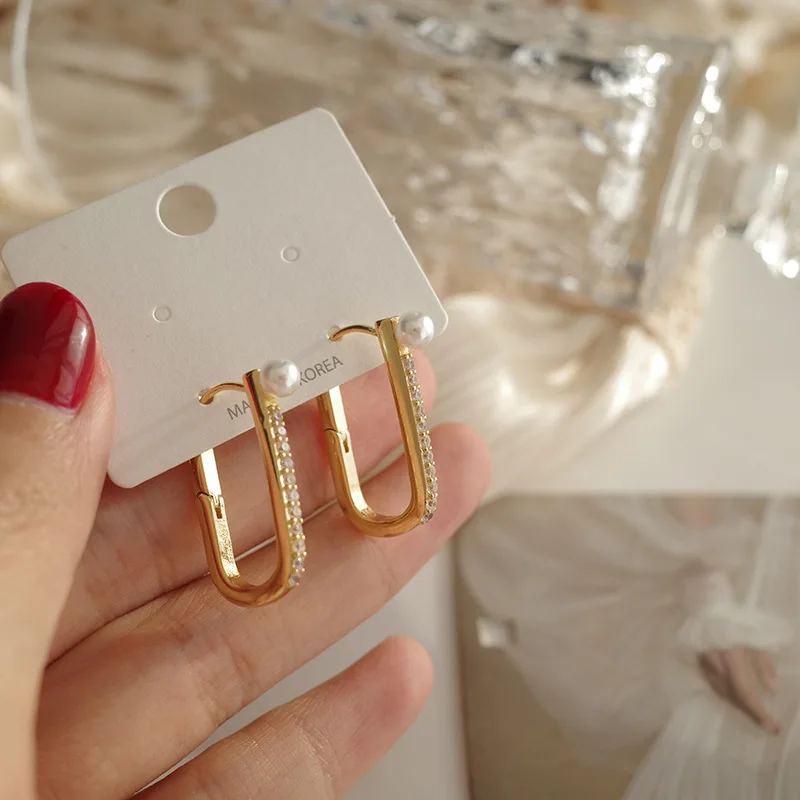 

Korean Trend Rhinestone Geometric Pearl Hoop Earrings for Women Crystal Statement Fashion Vintage Jewelry Party Wedding New Gold