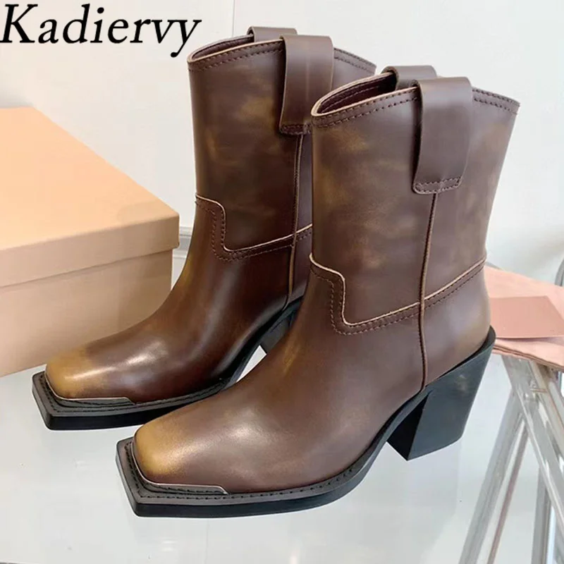 

Genuine Leather Chelsea Boots Woman Square Heels Shoes Metal Square Toe Mid Calf Boots Chunky High Heels Short Boots Women