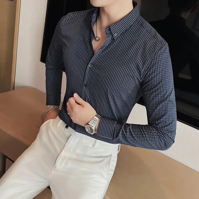 High Quality Long-sleeve Shirts Men's Fashion Plaid Casual Business Formal Dress Shirt Slim Fit Social Blouse Men Clothing 2022