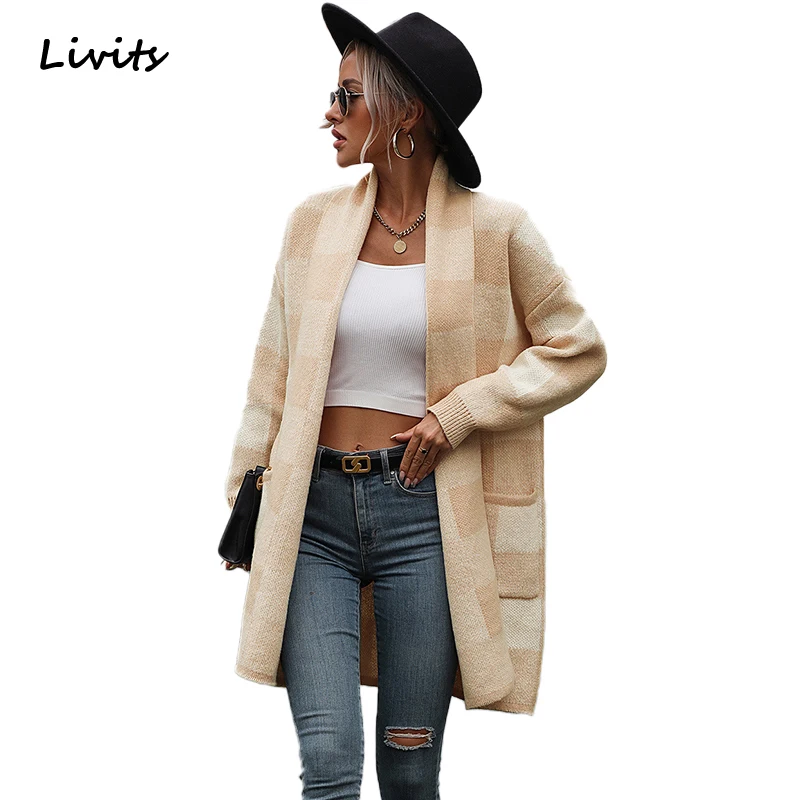 

Women's cardigan sweater knitted loose plaid autumn winter SA1438