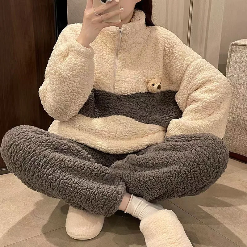 2022 New Pajamas Set For Women Thicken Warm Flannel Pyjamas Suit Coral Fleece Sweet Cute Flannel Winter Homewear Home Clothes