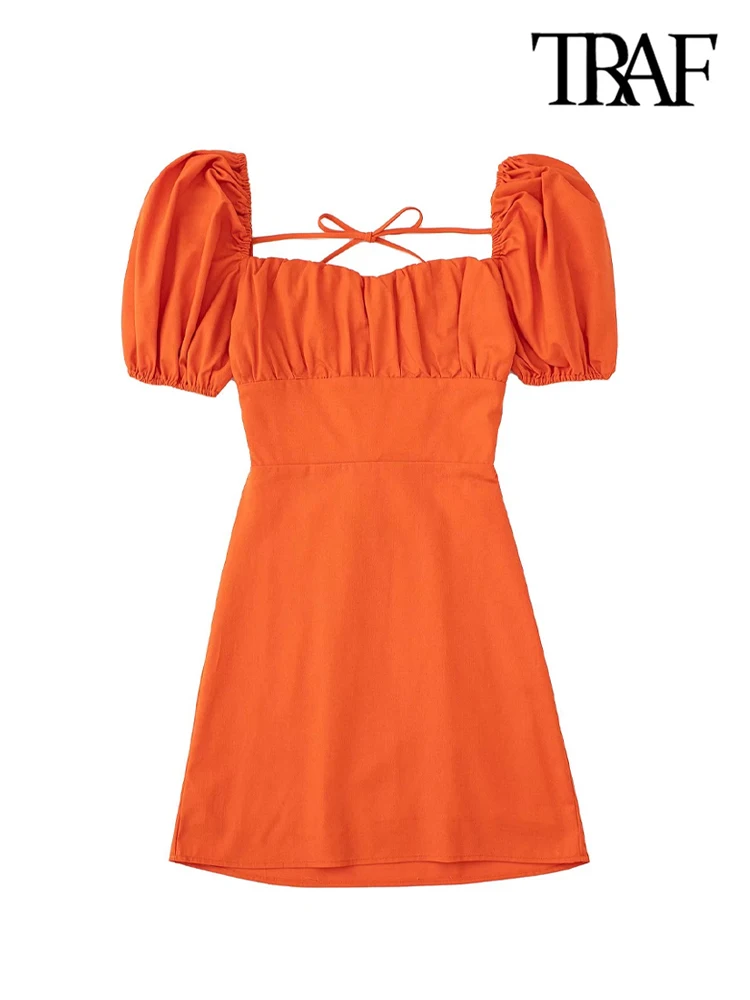 

TRAF Women Fashion Backless With Ties Linen Mini Dress Vintage Square Collar Puff Sleeve Female Dresses Vestidos Mujer