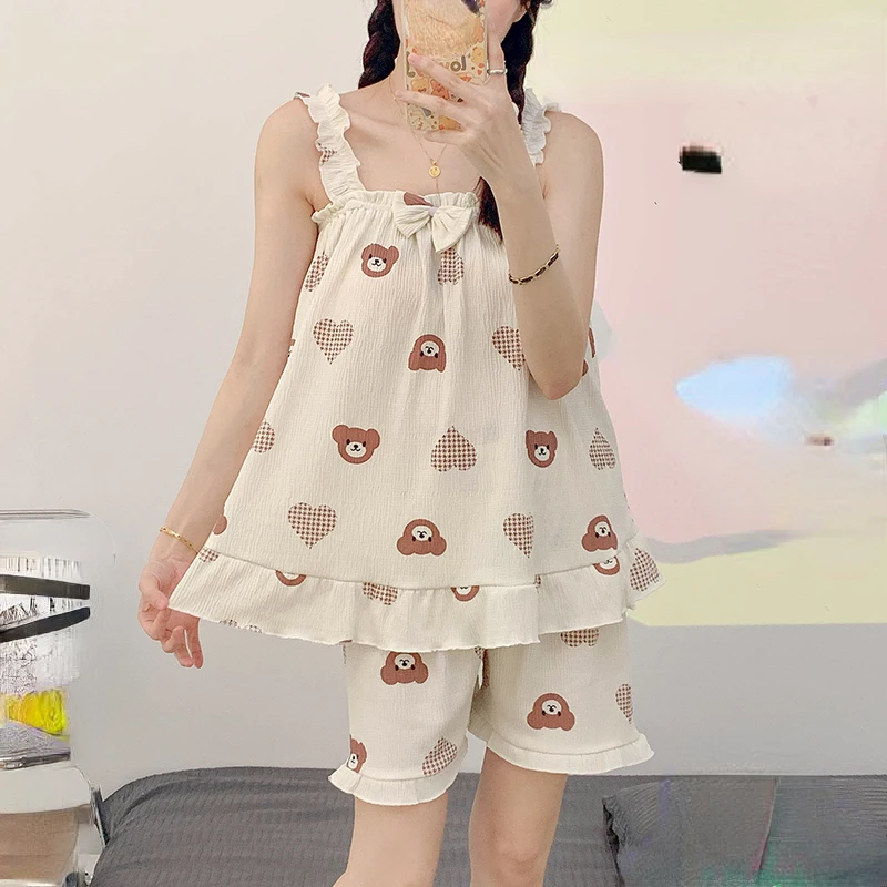 

korean Young Girls Style Print Pyjamas Set Summer Sleepwear Set Sling Shorts Dee Sexy Pajama Set Cute Women's Home Wear Clothes
