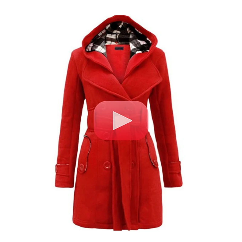 

2021 Autumn and Winter Hooded Women's Wool Coat Warm Fleece Jacket with Belt Double-breasted XL Office Slim Fit Jacket