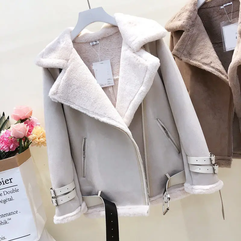Deerskin Velvet Jackets Women Winter Thick Warm Faux PU Deerskin Velvet Coat 2023 Office Lady Casual Oversized Motorcycle Coat