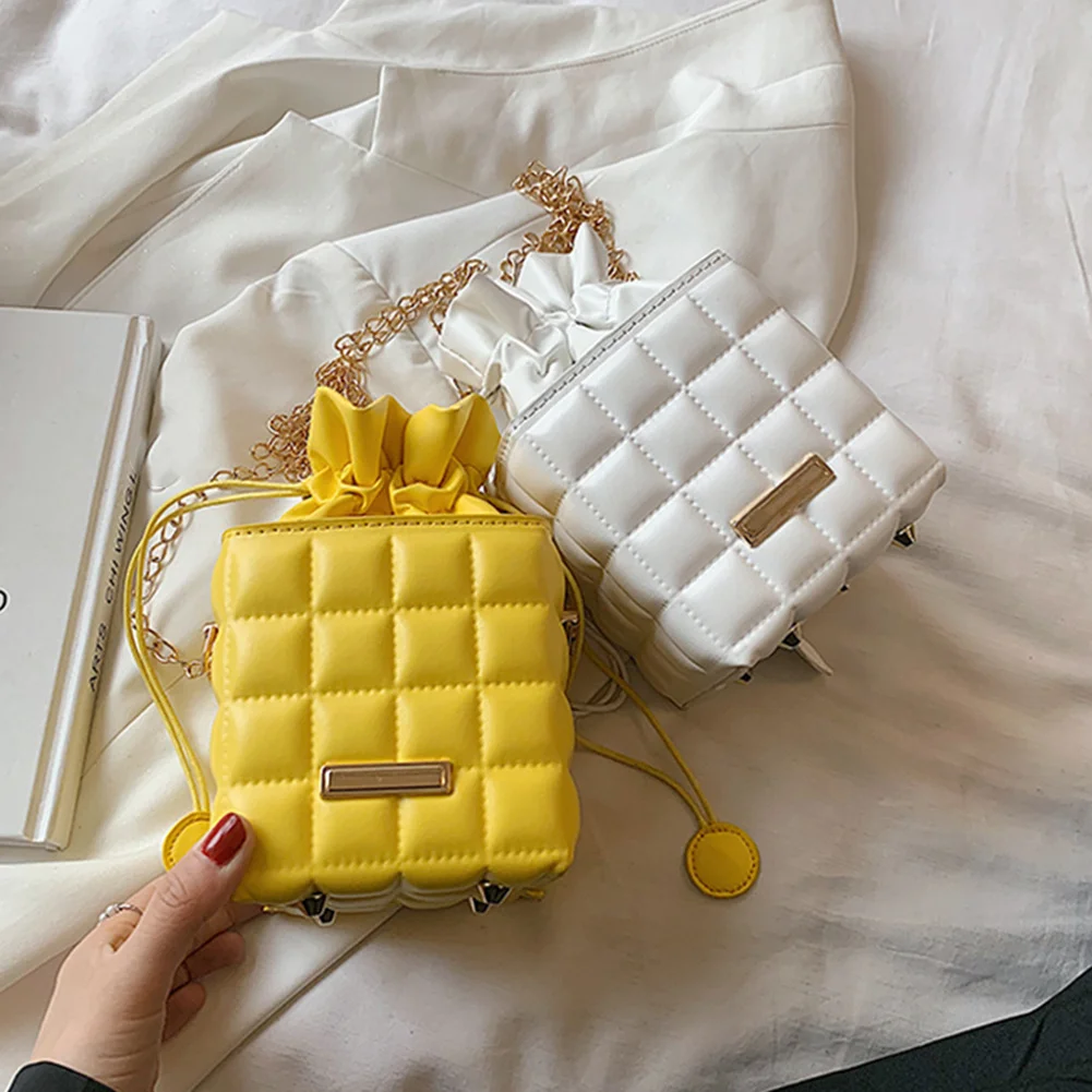 

Box Shape Drawstring Chain PU Leather Crossbody Bags For Women Summer Shoulder Handbags Female Casual Travel Solid Color Bag