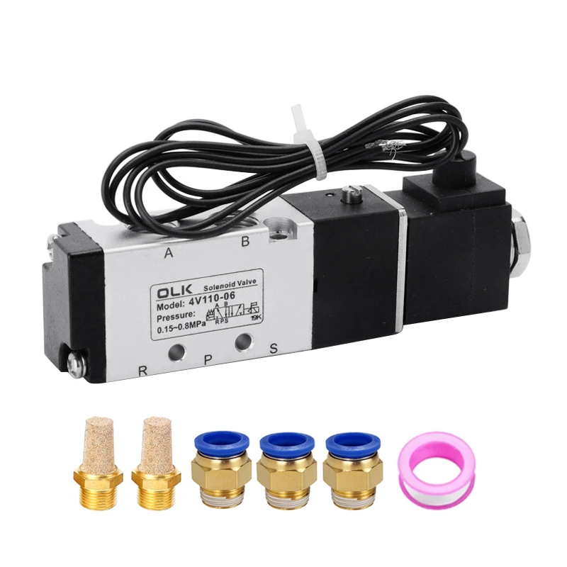 

4V110-06 5 Way 2 Position 1/8" 5/2 Way Pneumatic Control Solenoid Valve DC12V 24V AC110V AC220V With 4 6 8 10 12mm Fitting