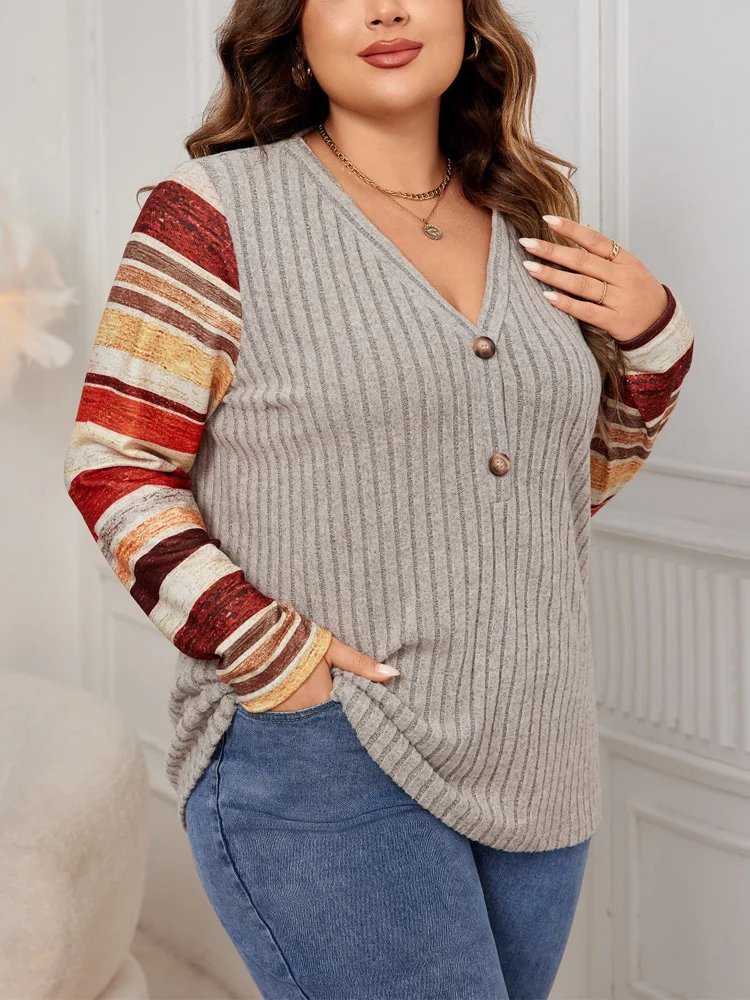 Женская футболка в полоску с V-образным вырезом и длинным рукавом