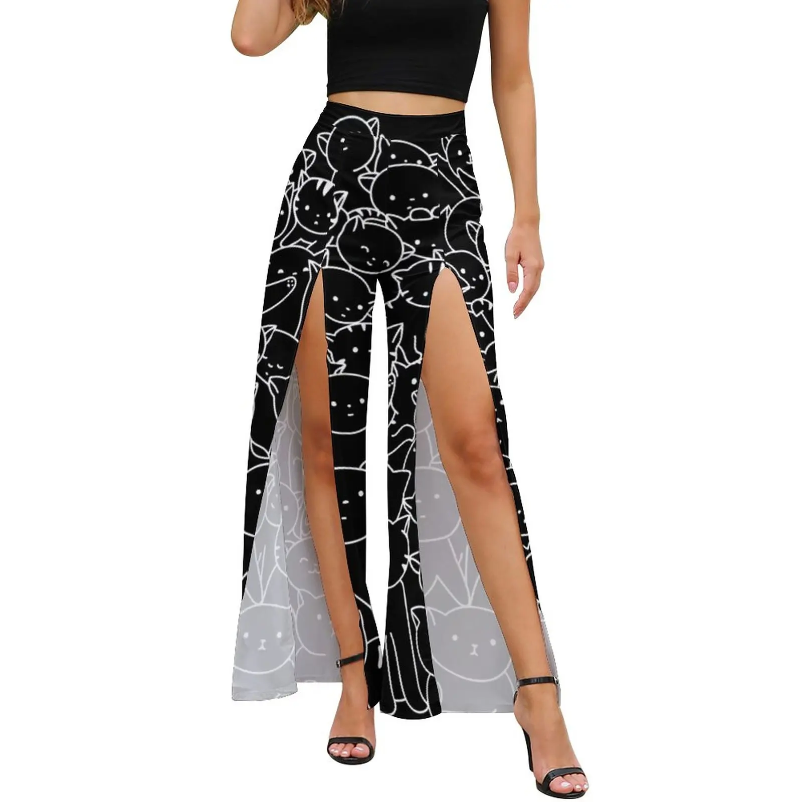 

Брюки женские летние с широкими штанинами, Клубная одежда с большим количеством милых кошек, с разрезом спереди, уличные штаны с узором