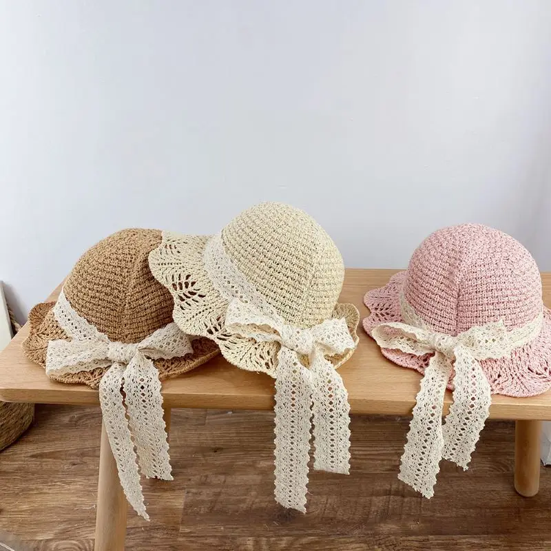 

2023 Summer Cute Hat with Bow Folding Bucket Straw Hats for Girls Baby Sunshade Headwear Kids Cap Accessories 1-4Y
