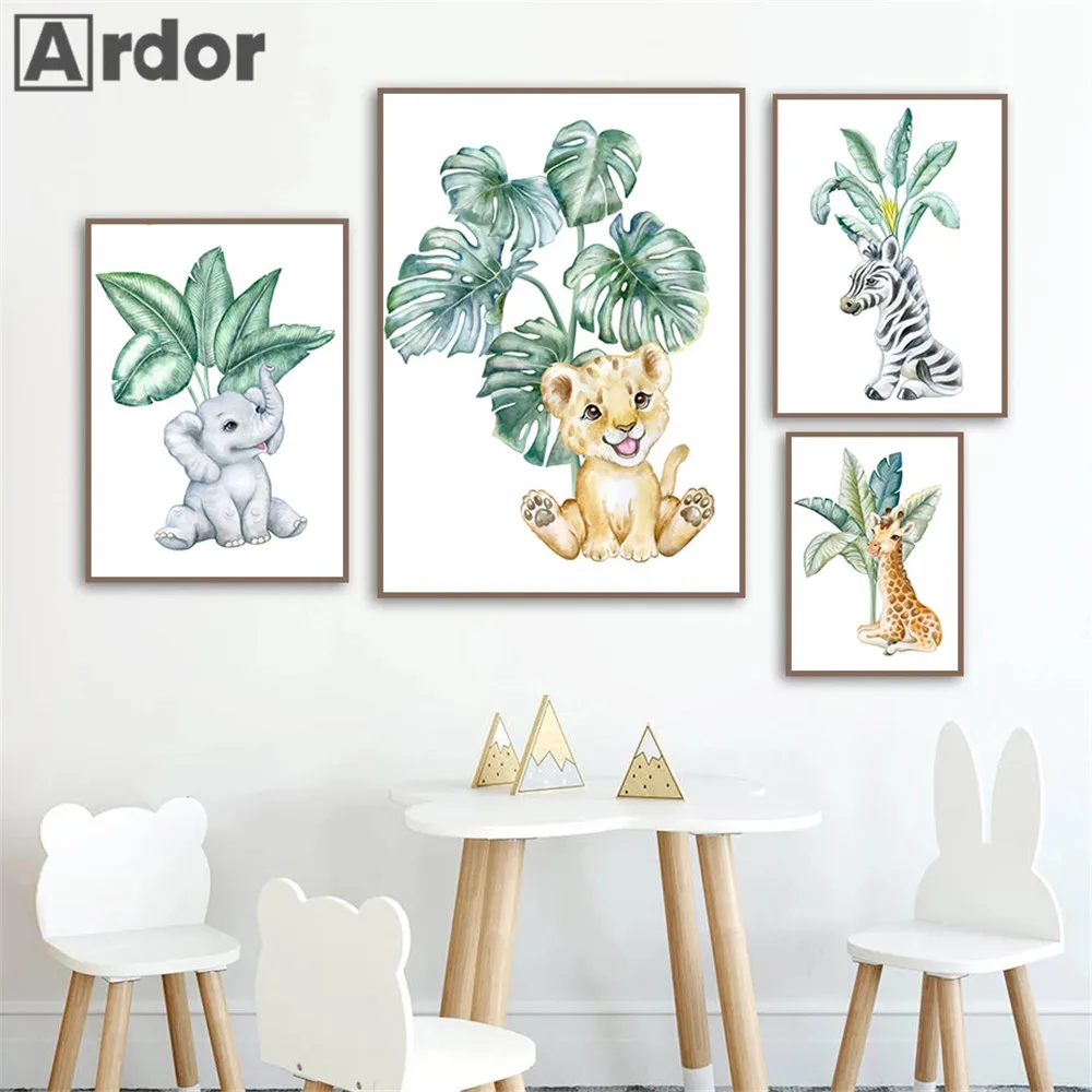 

Tropical Leaf Jungle Animals Wall Art Canvas Print Elephant Zebra Painting Nursery Poster Nordic Wall Pictures Kids Room Decor