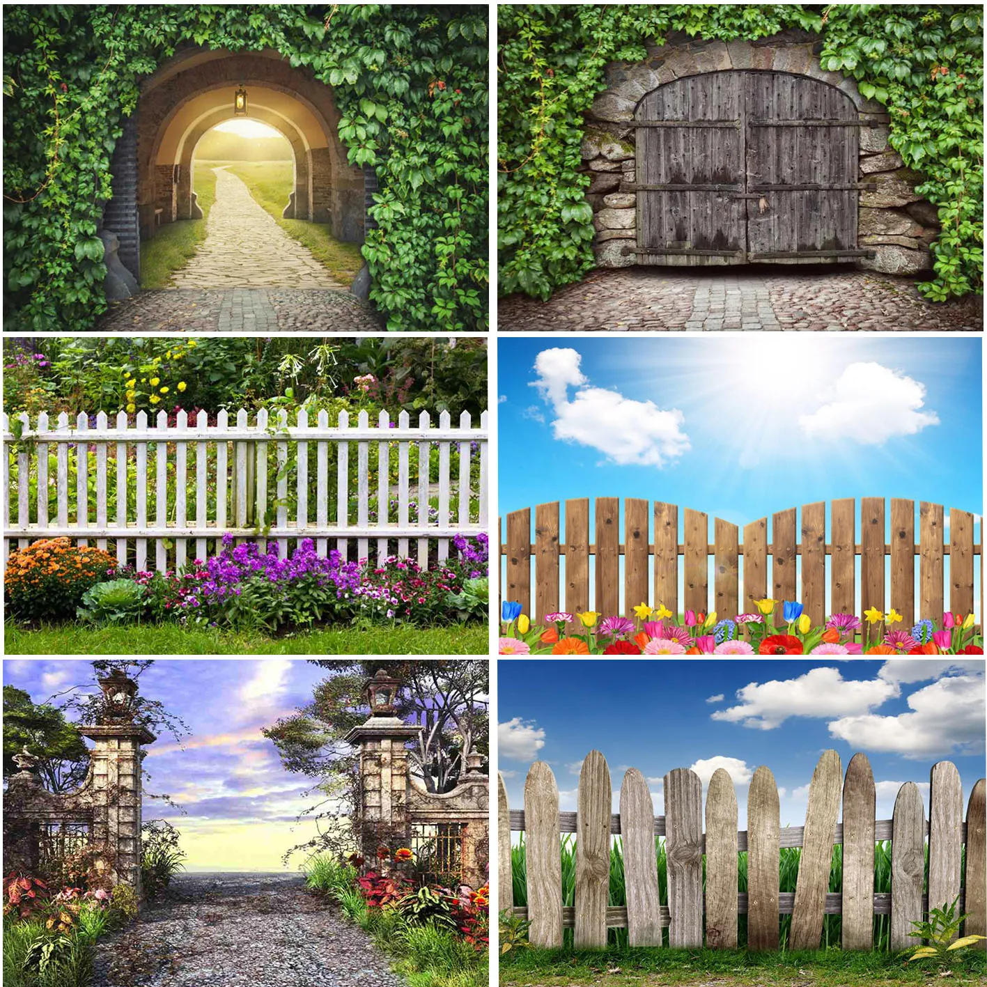

Green Grass Flowers Decoration Photography Backgrounds Custom Garden Brick Wooden Board Fence Wall Party Studio Photo Backdrop