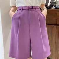 summer new high waisted pants suit shorts loose purple wide leg pants five point pants womens clothing sweat pants women