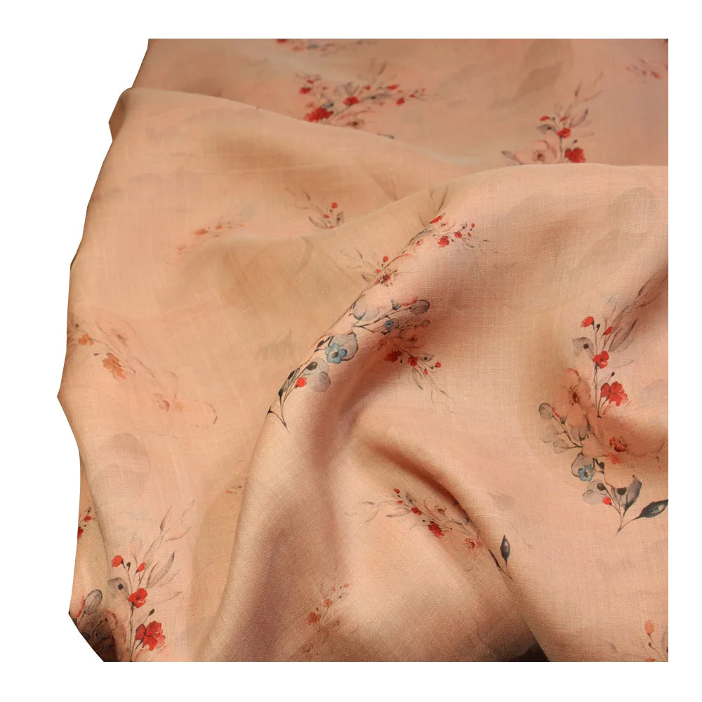 Pattern Design High-End Linen Printing and Dyeing Fabric Beige Blooming Prosperous Skirt Robe Shirt Clothing Fabric