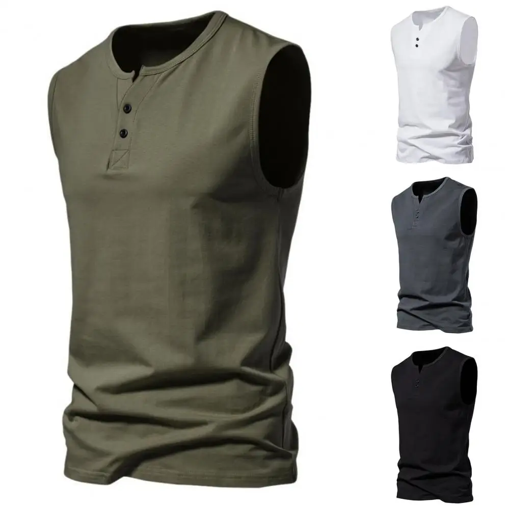 

Summer Men Vest Elastic Collarless Buttons Running Vest Half Placket Sleeveless Men Bottoming T-shirt Solid Color Men Sportwear