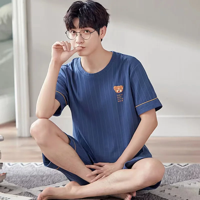 Summer Men's Pajamas Sets 100% Cotton Sleepwear Plus Size Short Sleeve Shorts Leisure Home Clothes 2 Pieces/Set Lounge Pijam