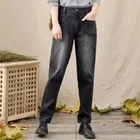 Женские джинсовые брюки с высокой талией, темно-синие джинсы, женские зимние брюки, свободные брюки, женские джинсы