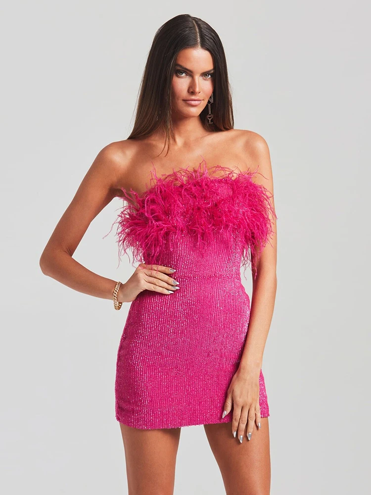 

Sexy Strapless Sequins Feather Bodycon Mini Dress Elegant Purple Shiny Sequin Luxury Evening Dress Women Party Cocktail Dresses