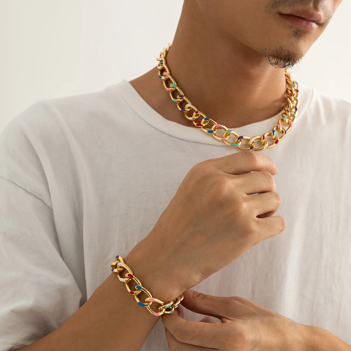 

KunJoe Vintage Colorful Dripping Oil Choker Necklaces for Men Punk Gold Color Chunky Cuban Llink Chain Necklace Jewelry Gift