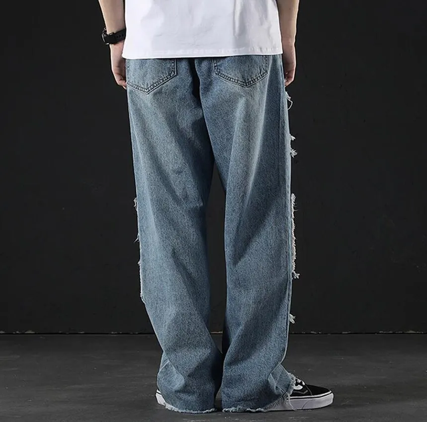 Japanese Loose Casual Straight Jeans Men's Broken Patchwork Beggar Trousers Hip Hop Moto Biker Fashion Vintage Denim Pants