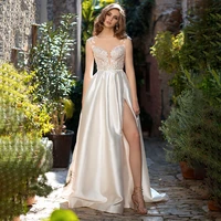 high slit satin wedding dress cap sleeves lace bridal gown custom made plus sizes 2022 transparent back a line floral appliques