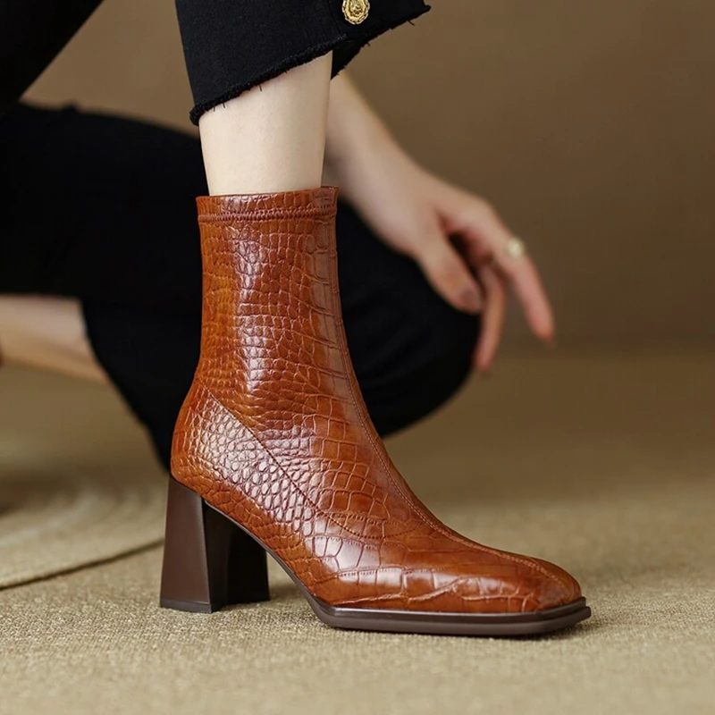 

NEW Fall Shoes Women Stretch PU Leather Boots Square Toe Chunky Shoes Winter Slip-on Short Modern Boots Eengent High Heel Boots