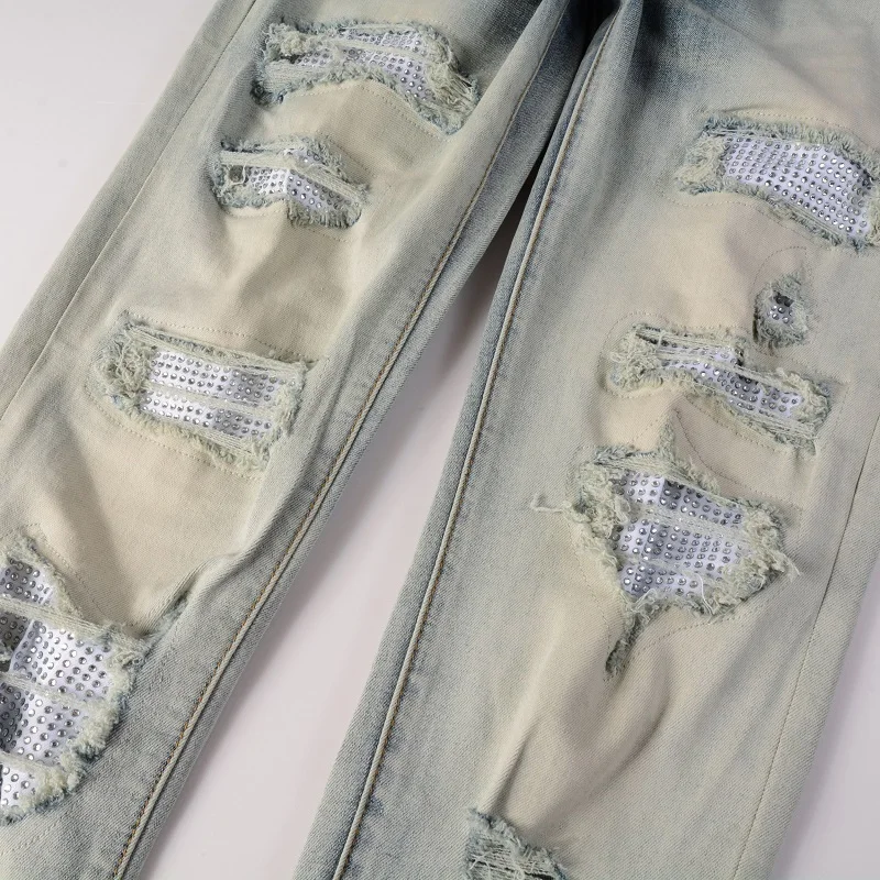 2024 мужские уличные дырки прозрачные кристаллы лоскутные эластичные облегающие