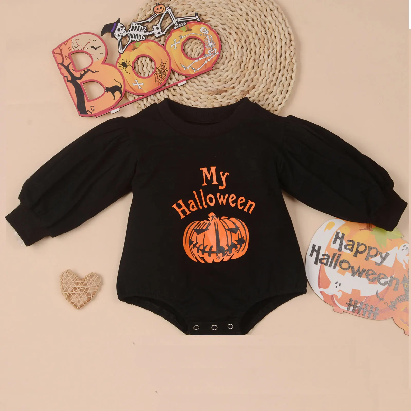 

2022 Designer Halloween Costume For Girls Bubble Romper Baby Pumpkin Clothes Fall Winter Puff Sleeve Cute Cotton Onesies