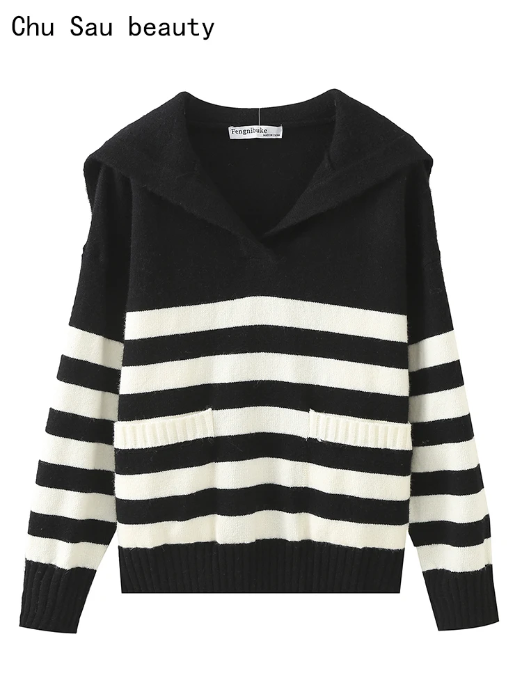 

Chu Sau beauty 2023 Женский Осенний Модный Полосатый Вязаный пуловер в стиле преппи Повседневный Распродажа с воротником Свободный свитер шикарные джемперы