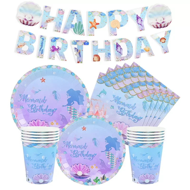 

1set Mermaid Party Disposable Tableware Little Mermaid Girl 1st Birthday Decoration Shell Paper Plate Napkin Cup Baby Shower