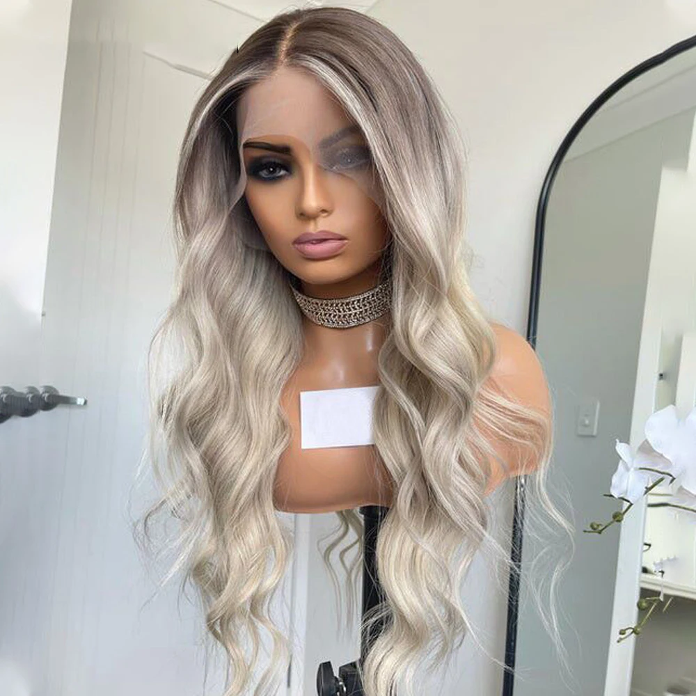 

26"Long Highlight Ombre Ash Blonde 100% Unprocessed Virgin Hair Jewish Wig Wavy Swiss Lace Kosher Sheitel Wigs For Black Women