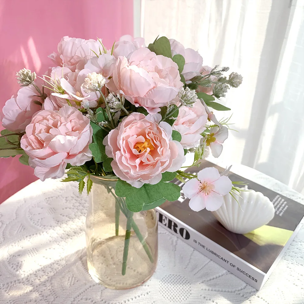 

Artificial Peony Silk Simulation Flower Arrangement Wedding Photography Bouquets Home Living Room Garden Pink Fake Flowers Decor