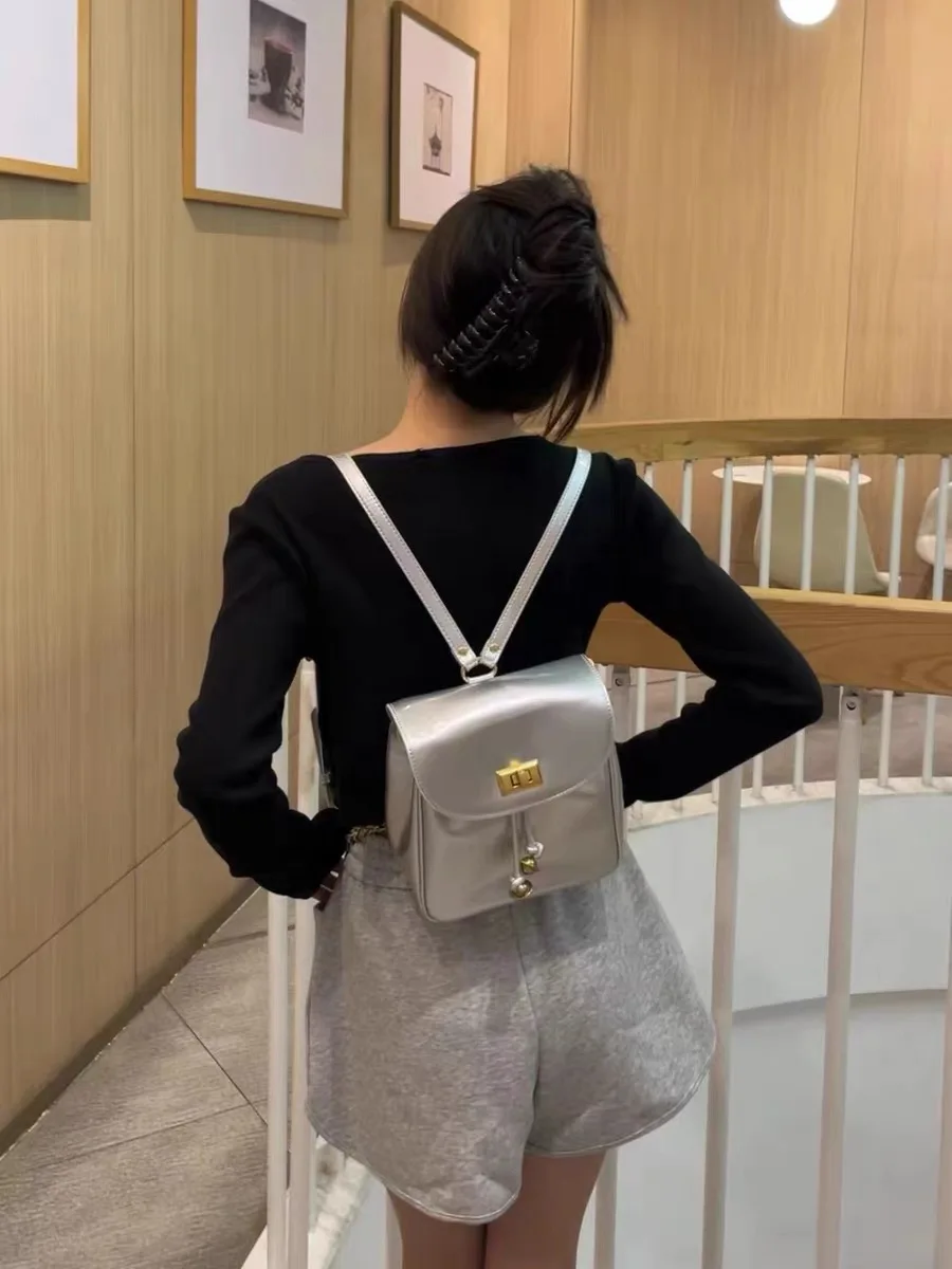 

Y2k Niche Design Backpack Silver Black Advanced Sensory Cortex Large Capacity Cute Tote Bag Women Pu Leather Shoulder Bag
