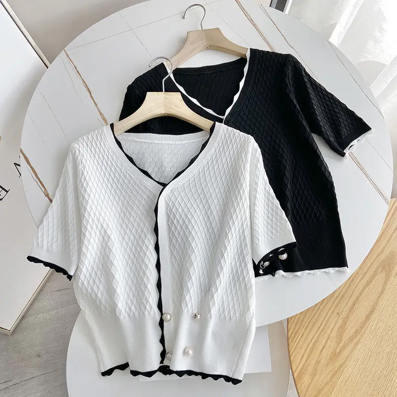 

Buttons Knitted Women T Shirt Ice Silk Short Sleeve Tops Elegant Korean Fashion Slim Summer White Black T Shirts Ladies Top