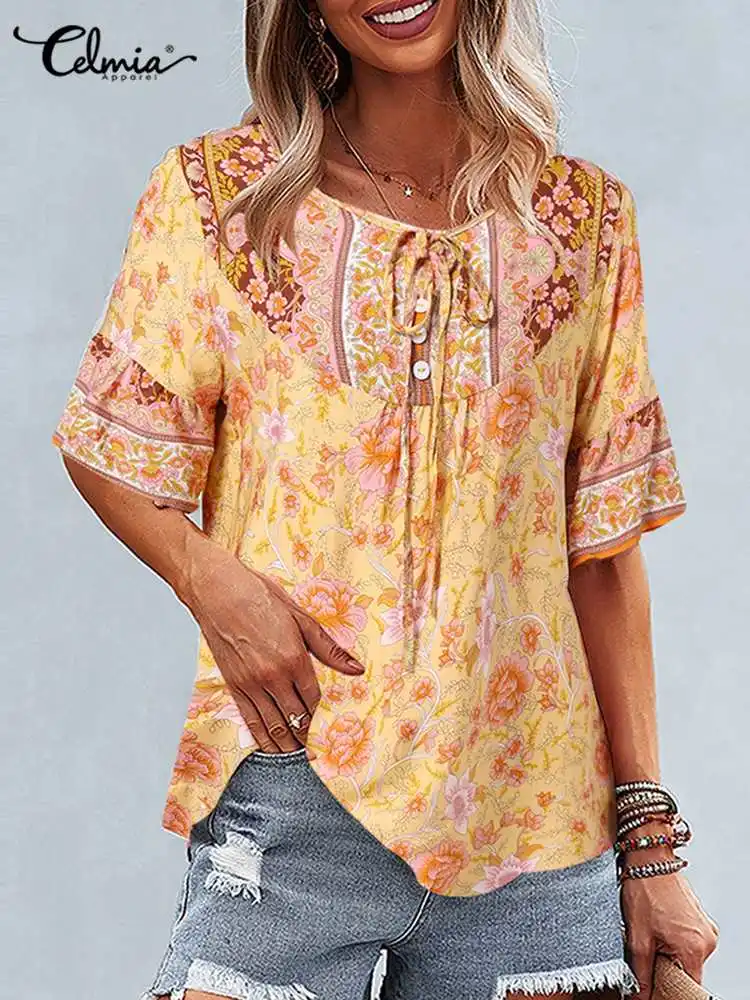 

Celmia 2022 Fashion Short Sleeve Blouse Holiday Buttons Shirt Summer Stitching Blusa Bohemian O-neck Leisure Floral Printed Tops