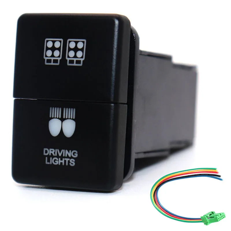 

12V Driving Lights Led Work Lights Dual Push Button Switch ON-Off Blue/Green Backlit 32.5mm X 22mm for Toyota,withConnector Wire