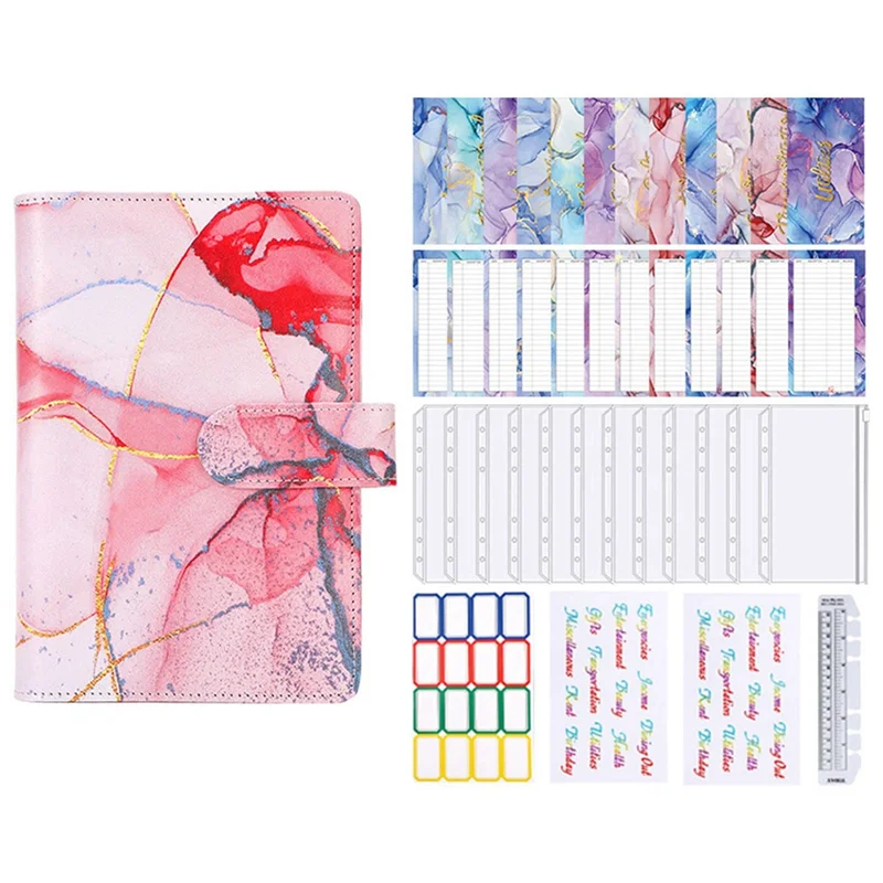 

A6 Marble Colorful Money Budget Planner Binder Zipper Envelopes Cash Envelopes for Budgeting Money Organizer Pink