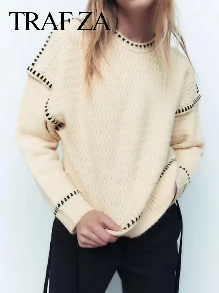 

TRAFZA Autumn Women's Casual Knitted Sweater With Contrasting Stitching Solid Crew Neck Pullovers Fashion Female Streetwear