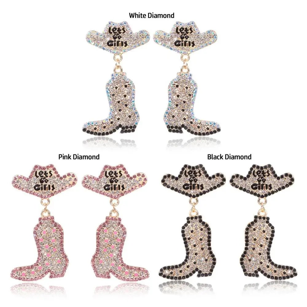 

Rhinestone Beaded Cowboy Earrings Let’s Go Girls Sparkly Drop Dangling Earrings Western Country Boots Hat Dangle Earrings