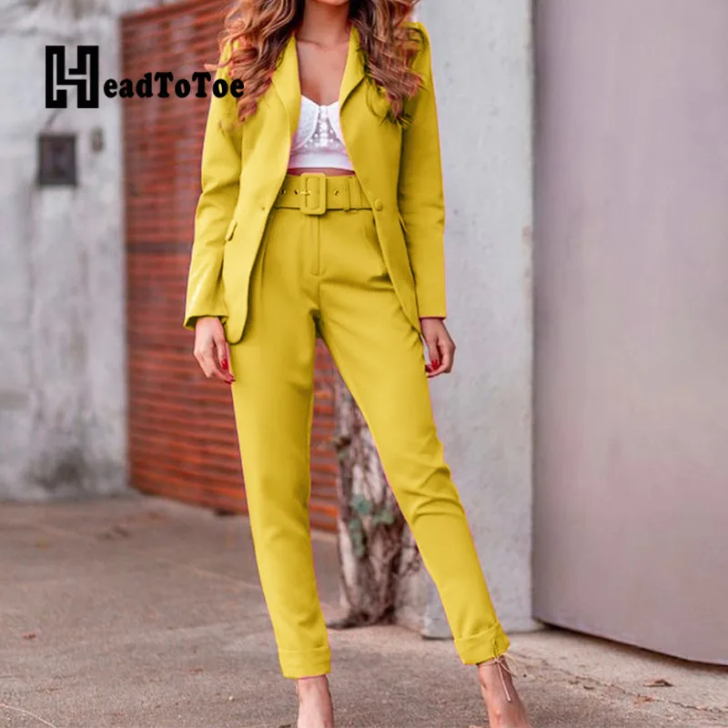 

Solid Long Sleeve Single Button Blazer Tops & Belted Pants Set Casual Elegant OL Two Piece Set Outfits