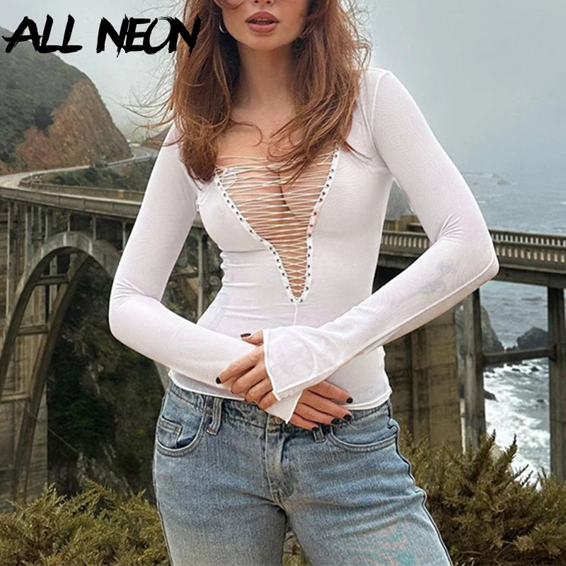 

ALLNeon 2000S Aesthetics Blouse Deep V-Neck Tight T-Shirts Sexy Hollow Out Bandage T-Shirt Y2K Hot Sweet E-Girl Bottoming Tops