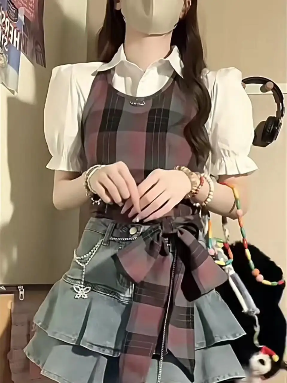 Корейский хип-хоп Красный Клетчатый жилет с бантом на шее 2024 Женская Летняя