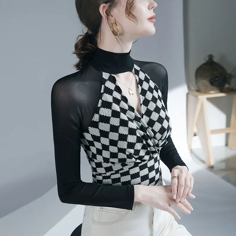 

Plaid Printed Top Spring Autumn New Bottoming Tshirt Slightly Transparent Mesh Long Sleeve Pullovers Blusas Mujer