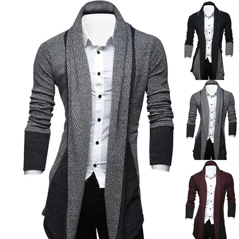 

Men's long sleeve color block knitted loose long coat cardigan