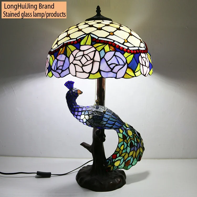 

LongHuiJing Tiffany Style Stained Glass Rose Table Lamp With Handmade Lampshade Decorating Room Light With Peacock Base