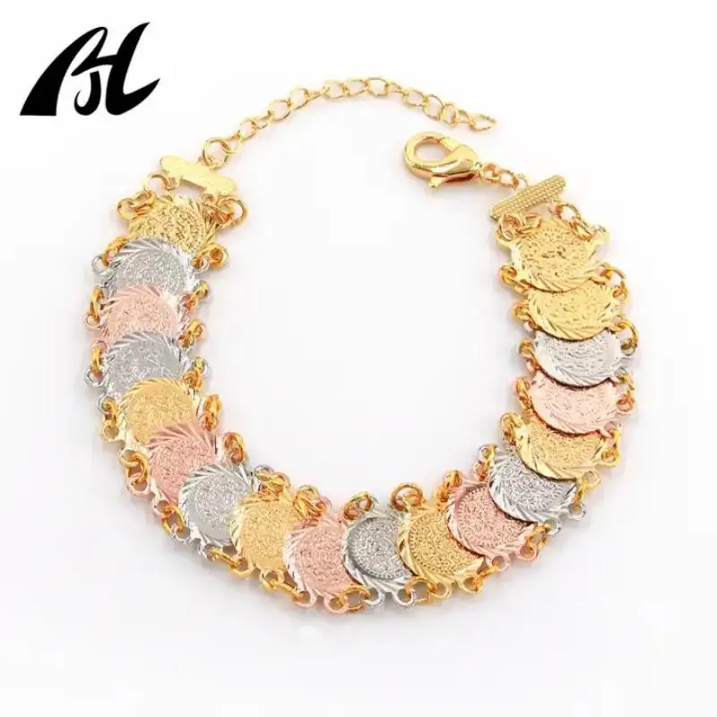 

Hot Selling Ethnic Style Adjustable Jewelry Coin Copper Plating Bracelets Three Tone Coins Bracelets