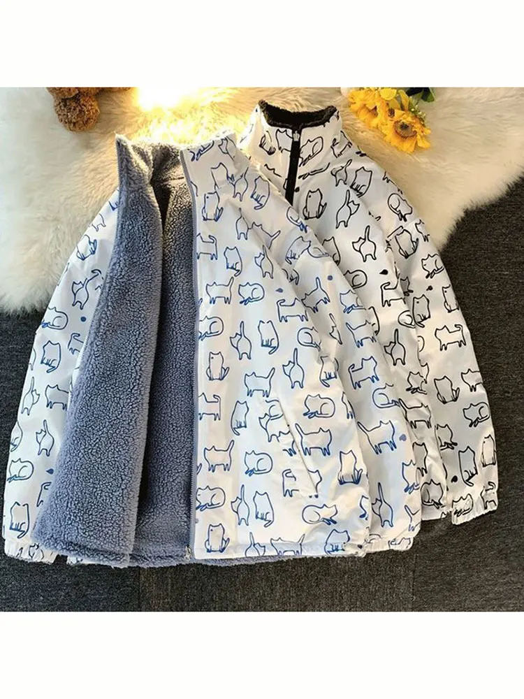 

Plush Jacket Women Winter Cute Cate Print Female Jacket Double Face Wearable Vintage Korean Zipper Harajuku Oversized Outerwear