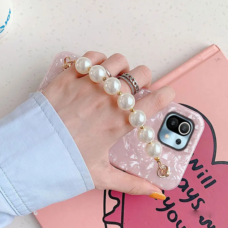 Cute Pearl Bracelet Wrist Chain Case For Redmi Note 11 10S 9S 8A 11T Lite Pro Conch Pattern For Xiaomi PocoX3 Pro 11 Lite Cover