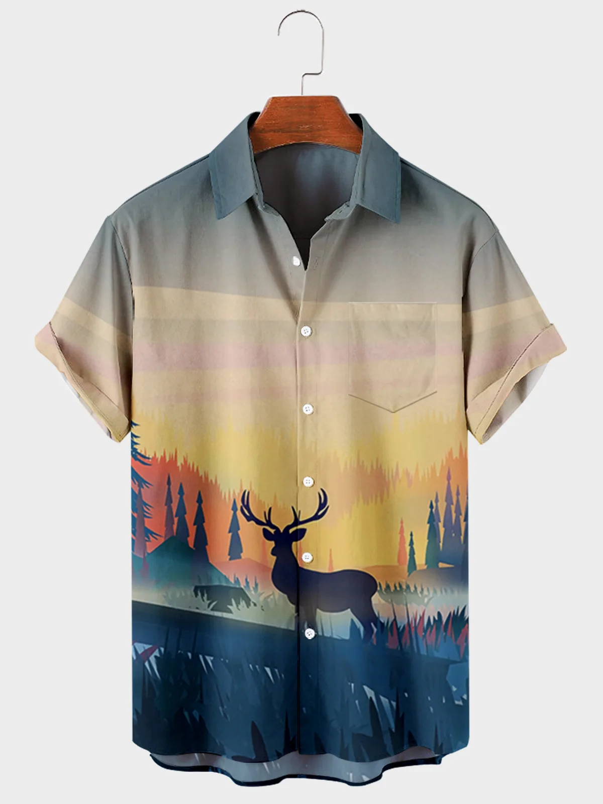2022 Men's Short Sleeve Lapel Shirt Plus Size Alpine 3D Print Men's Top with Pockets