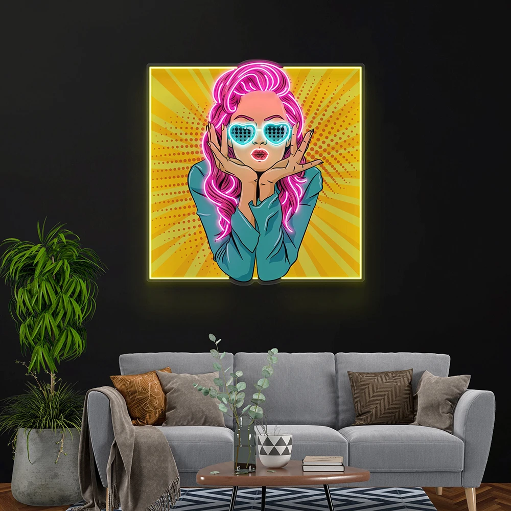 Вау леди поп-арт неоновая вывеска искусственная Акриловая картина комикс